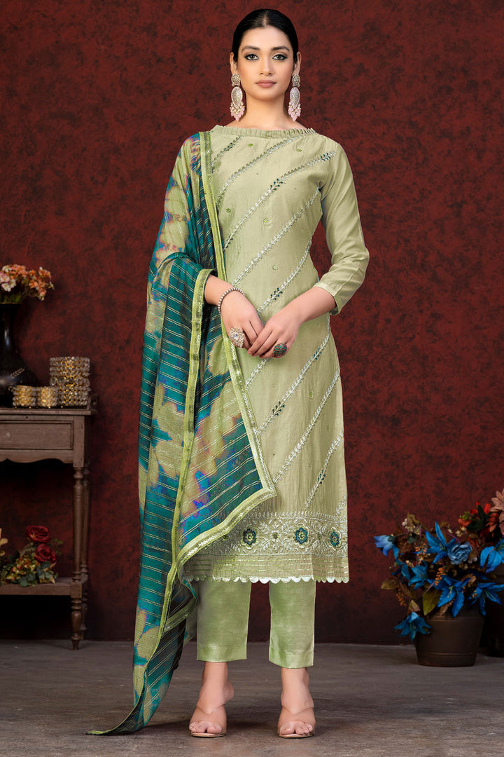 Olive Color Chanderi Resham Embroidred Salwar Suit