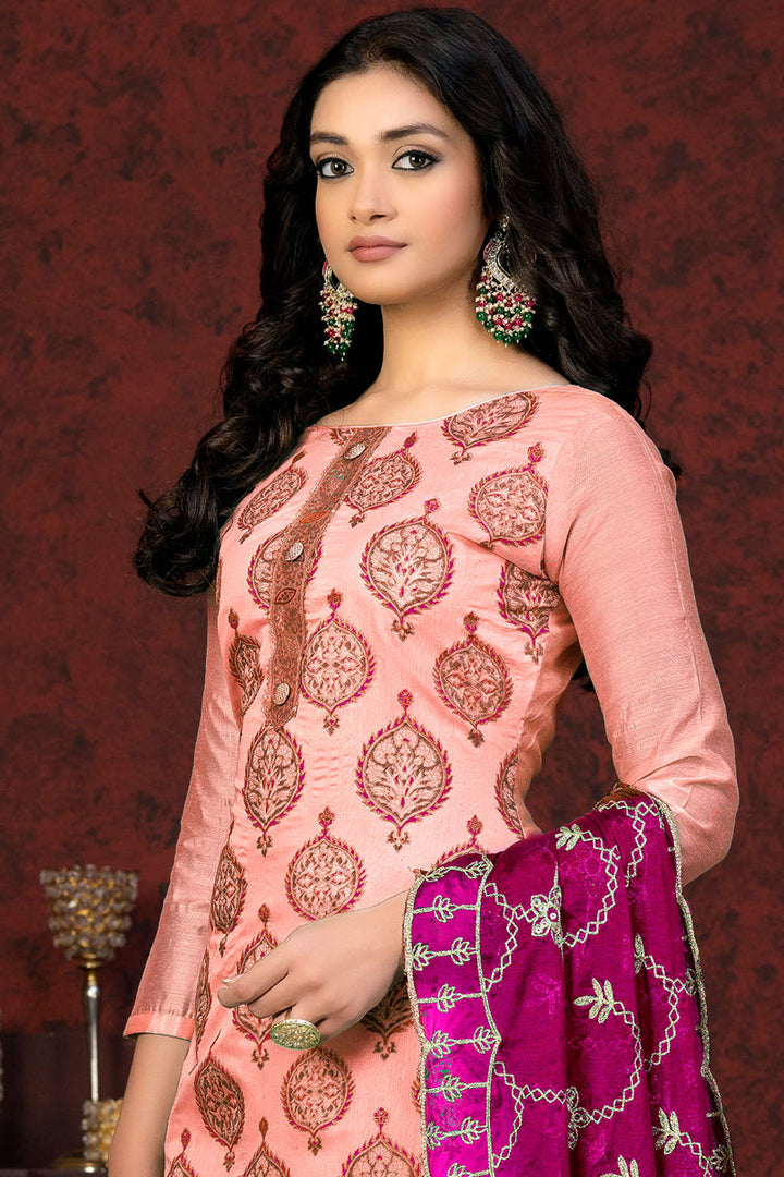 Resham Embroidered Chanderi Salwar Suit With Peach Color