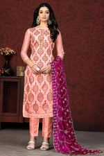 Load image into Gallery viewer, Resham Embroidered Chanderi Salwar Suit With Peach Color
