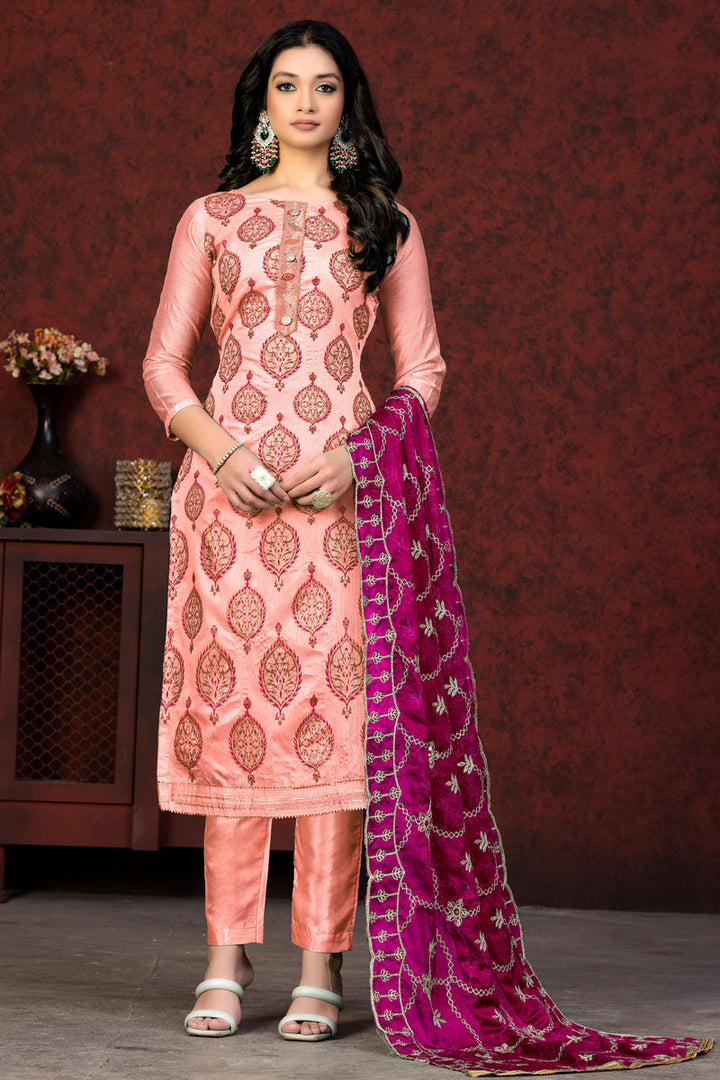 Resham Embroidered Chanderi Salwar Suit With Peach Color