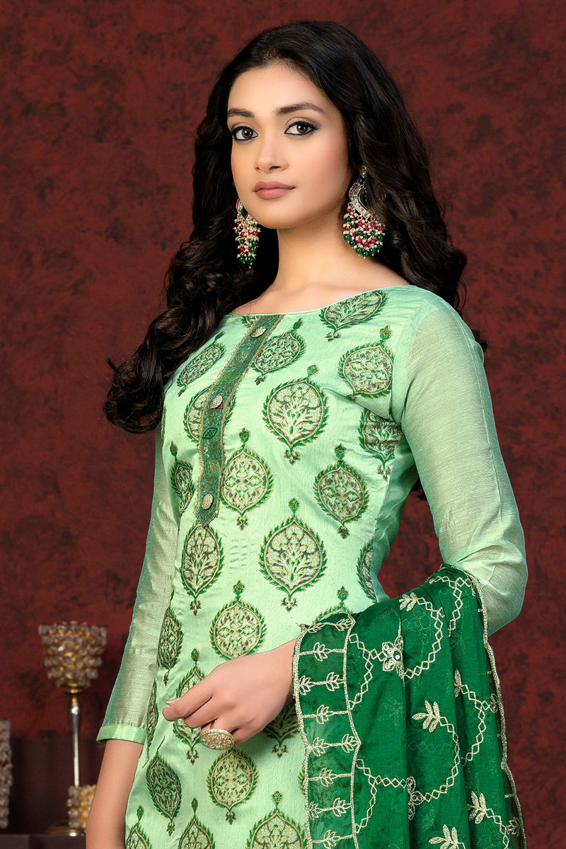 Resham Embroidered Sea Green Color Chanderi Salwar Suit