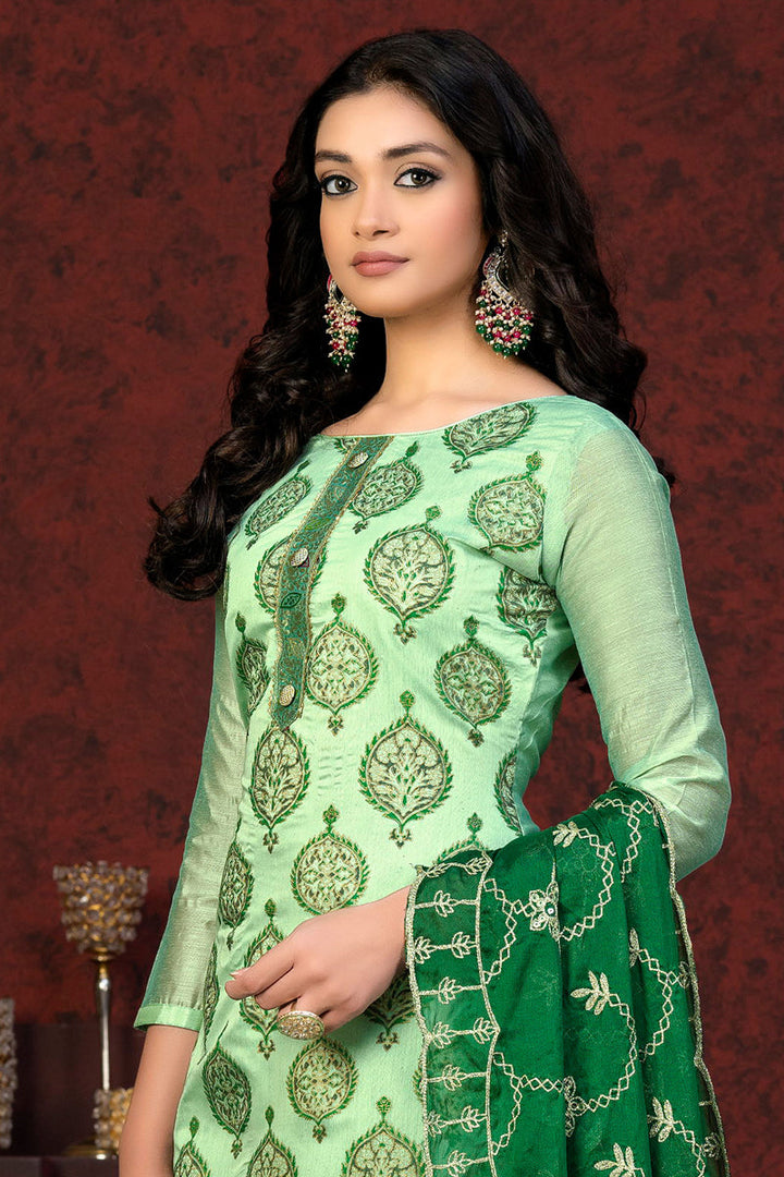 Resham Embroidered Sea Green Color Chanderi Salwar Suit