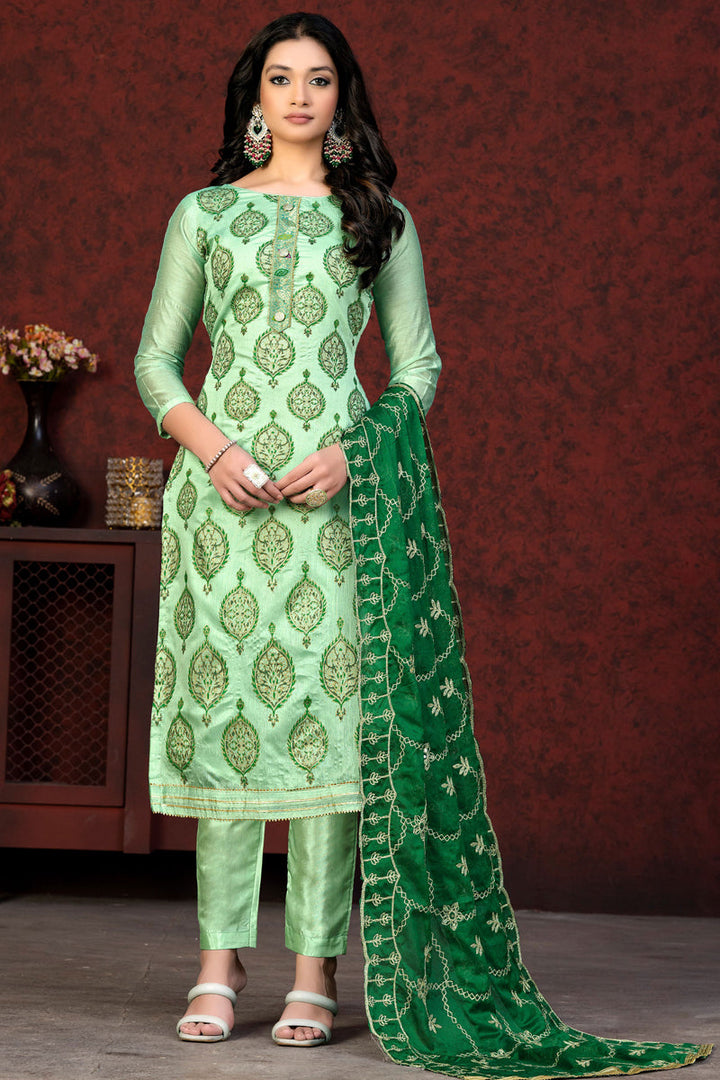 Resham Embroidered Sea Green Color Chanderi Salwar Suit