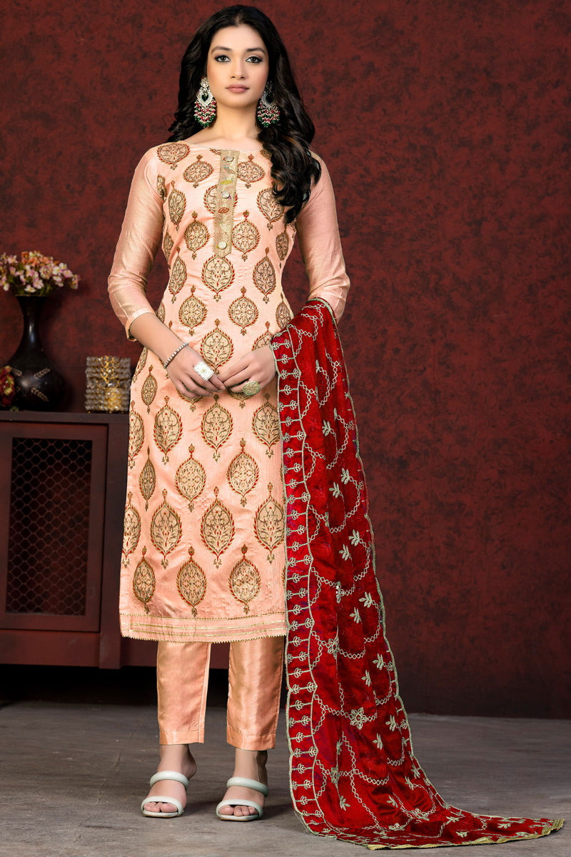 Orange Color Resham Embroidred Chanderi Salwar Suit