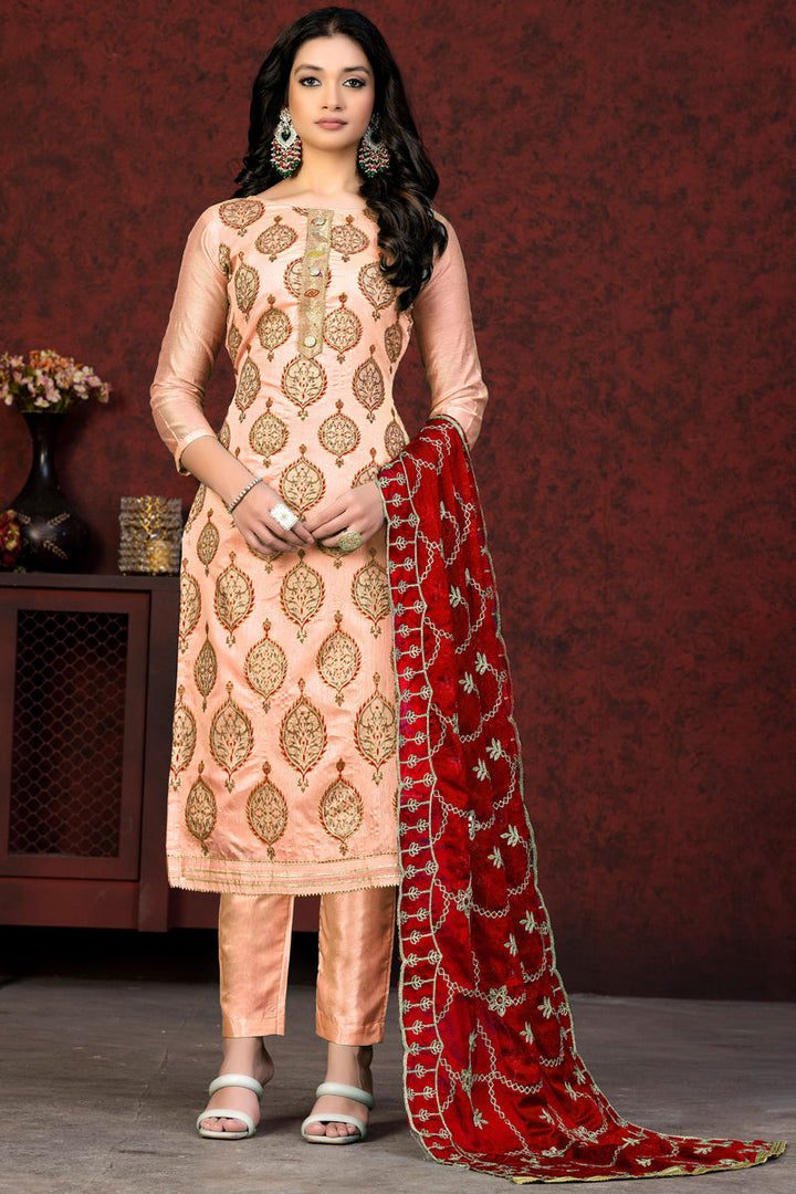 Orange Color Resham Embroidred Chanderi Salwar Suit