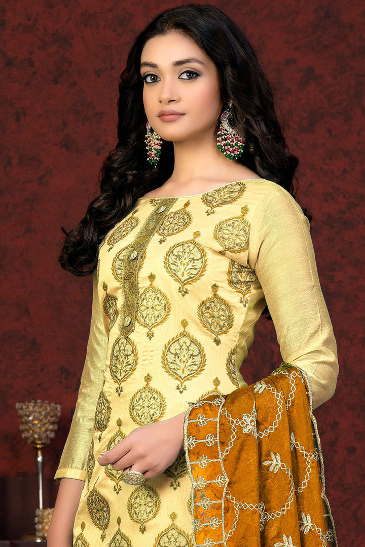 Elegant Yellow Color Chanderi Salwar Suit With Resham Embroidered Work