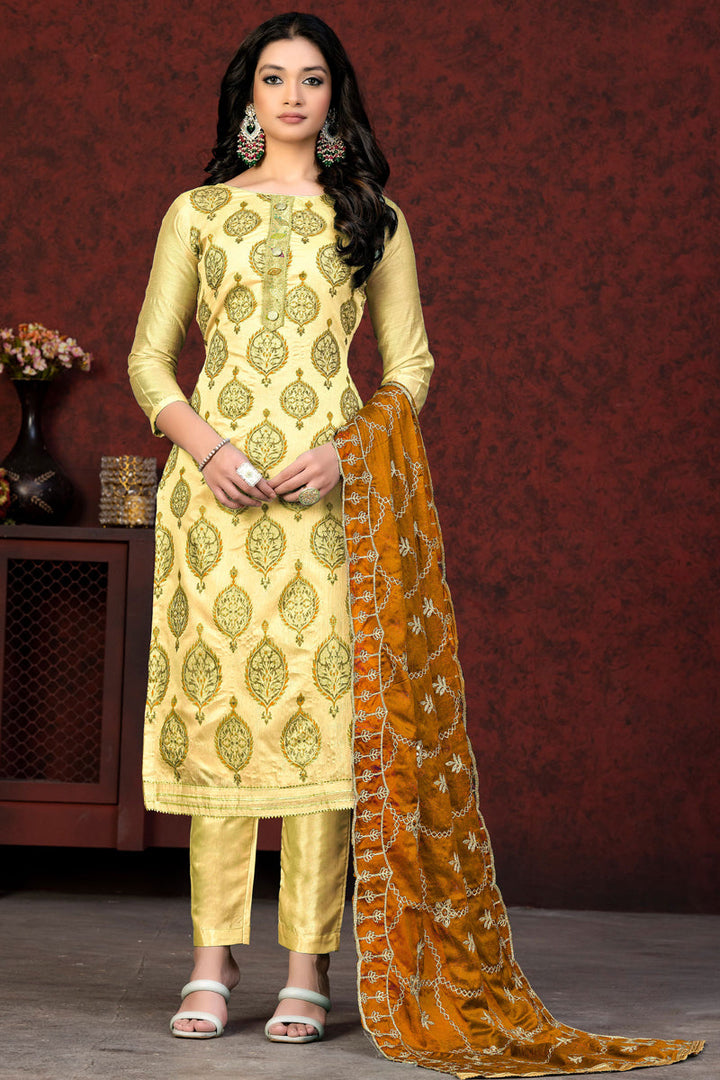 Elegant Yellow Color Chanderi Salwar Suit With Resham Embroidered Work