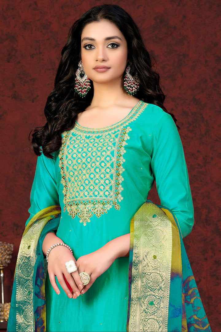 Graceful Resham Embroidered Work Sea Green Chanderi Palazzo Suit