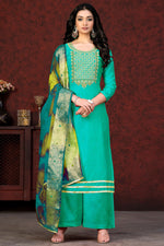 Load image into Gallery viewer, Graceful Resham Embroidered Work Sea Green Chanderi Palazzo Suit
