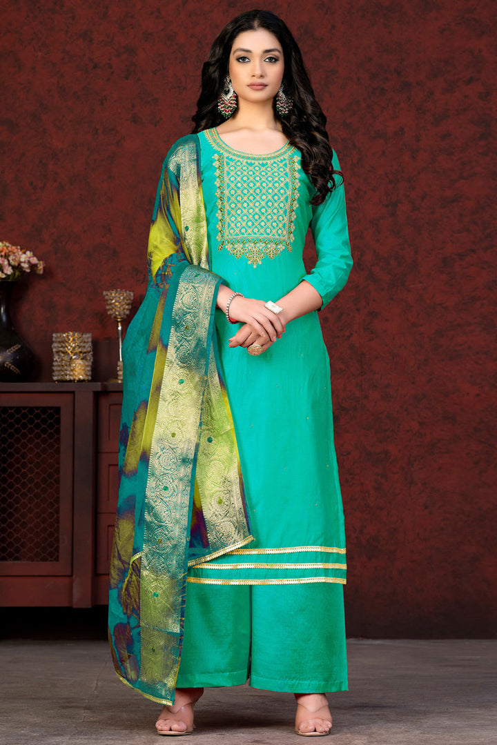 Graceful Resham Embroidered Work Sea Green Chanderi Palazzo Suit