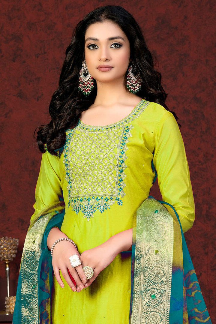 Resham Embroidered Work Green Color Chic Palazzo Suit