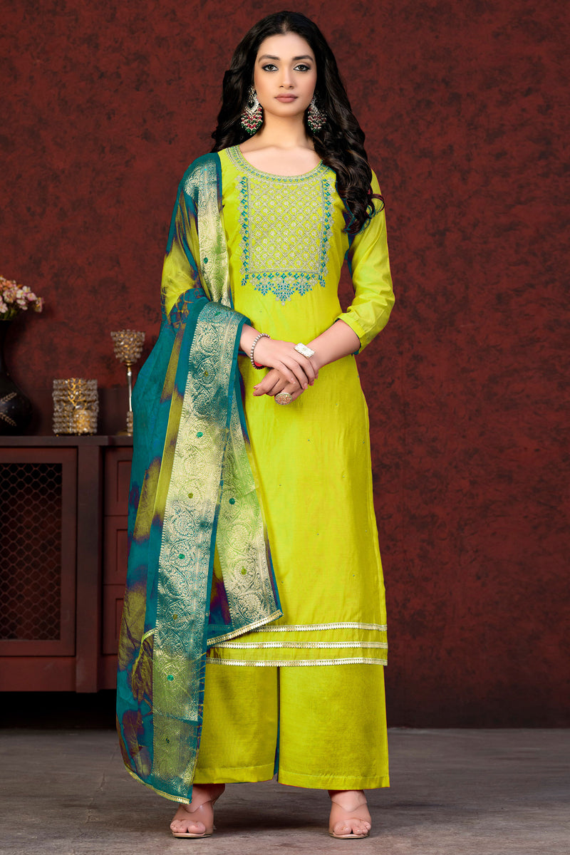 Resham Embroidered Work Green Color Chic Palazzo Suit