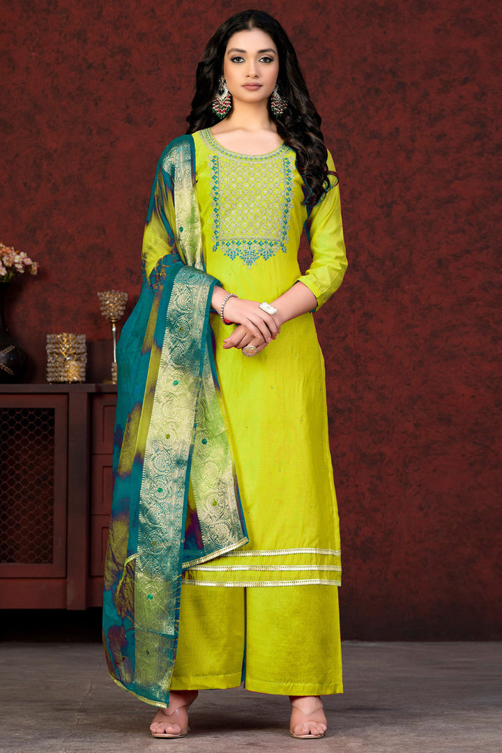 Resham Embroidered Work Green Color Chic Palazzo Suit