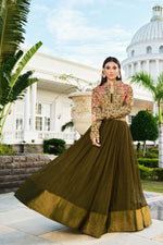 Load image into Gallery viewer, Olive Color Fancy Fabric Tempting Sangeet Wear Anarkali Suit
