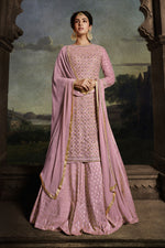 Load image into Gallery viewer, Sonal Chauhan Embroidered Work On Pink Color Trendy Net Fabric Sharara Top Lehenga
