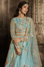 Load image into Gallery viewer, Sonal Chauhan Dazzling Net And Georgette Fabric Light Cyan Color Wedding Wear Anarkali Suit
