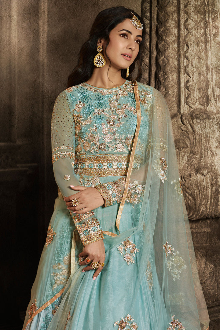 Sonal Chauhan Dazzling Net And Georgette Fabric Light Cyan Color Wedding Wear Anarkali Suit