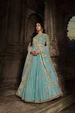 Load image into Gallery viewer, Sonal Chauhan Dazzling Net And Georgette Fabric Light Cyan Color Wedding Wear Anarkali Suit
