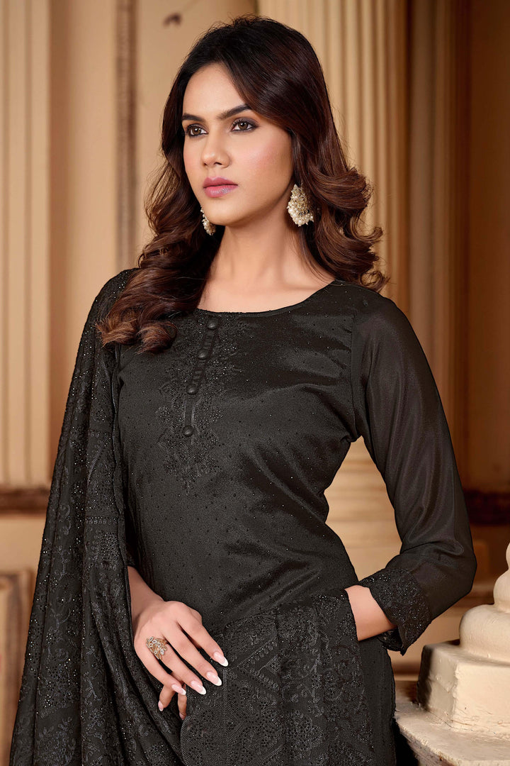 Heavy Art Silk Fabric Embroidered Work On Black Color Salwar Suit