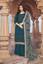 Load image into Gallery viewer, Incredible Fancy Work Teal Color Festival Look Georgette Palazzo Suit
