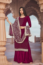 Load image into Gallery viewer, Tempting Fancy Work Burgundy Color Festival Look Georgette Palazzo Suit

