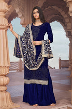 Load image into Gallery viewer, Engaging Blue Color Fancy Work Festival Look Georgette Palazzo Suit
