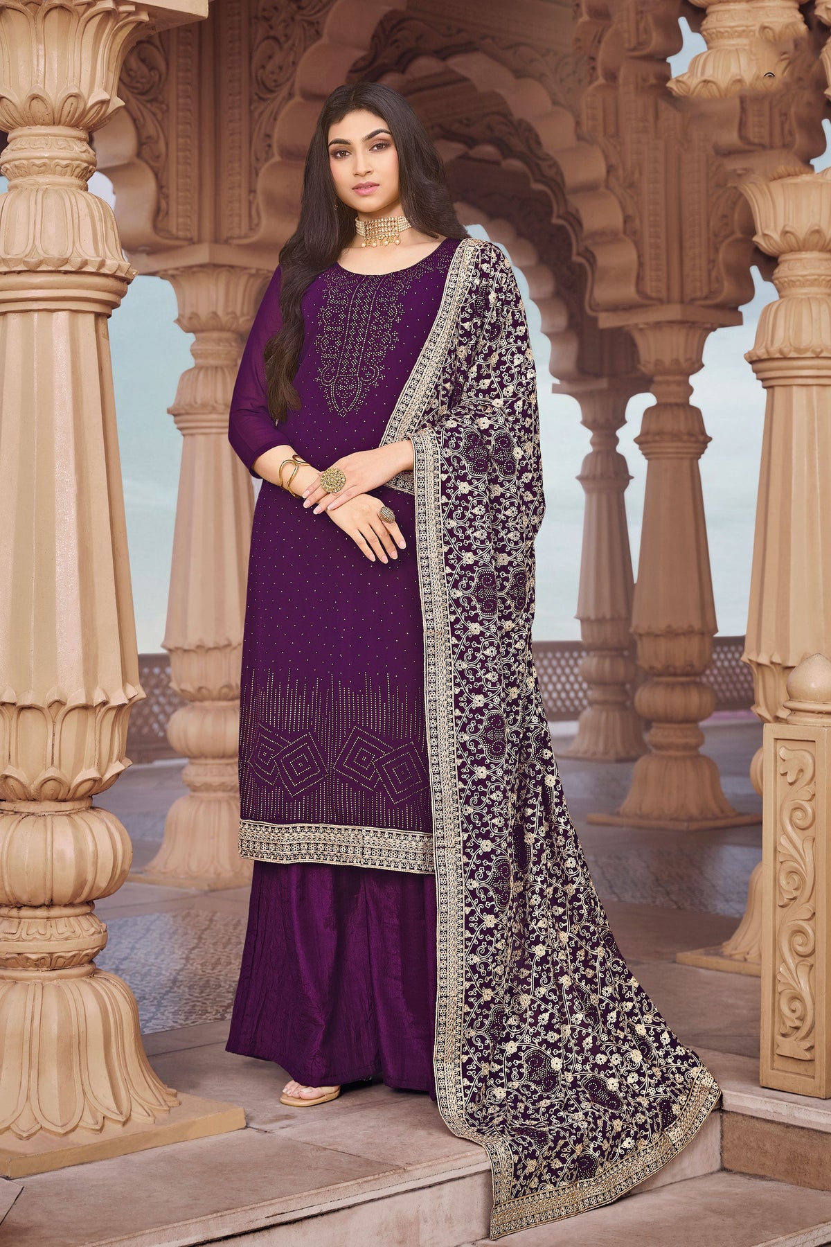 Fancy Work Purple Color Festival Look Winsome Georgette Palazzo Suit