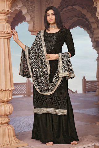 Creative Festival Look Fancy Work Georgette Palazzo Suit In Black Color