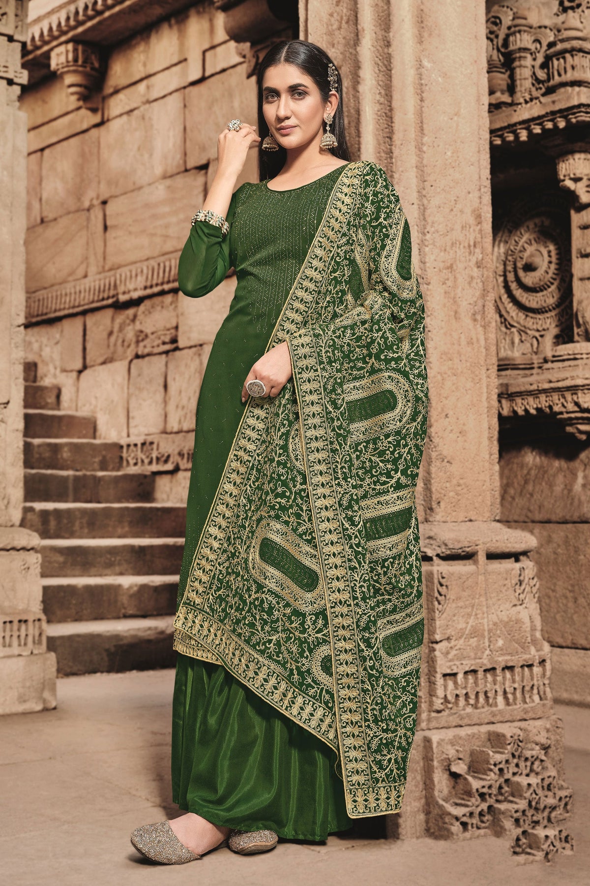 Festive Look Green Color Georgette Alluring Fancy Work Palazzo Suit