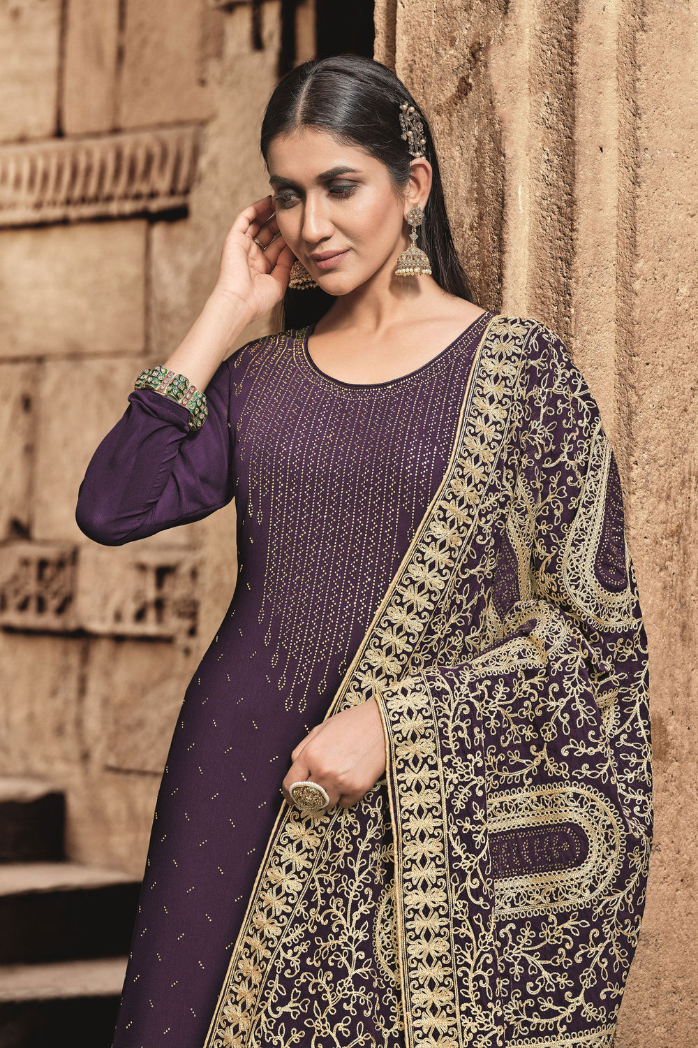 Georgette Purple Color Fancy Work Elegant Festive Style Palazzo Suit | Buy Online India