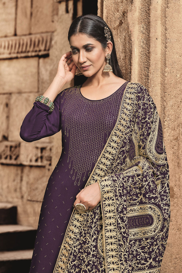 Georgette Purple Color Fancy Work Elegant Festive Style Palazzo Suit | Buy Online India