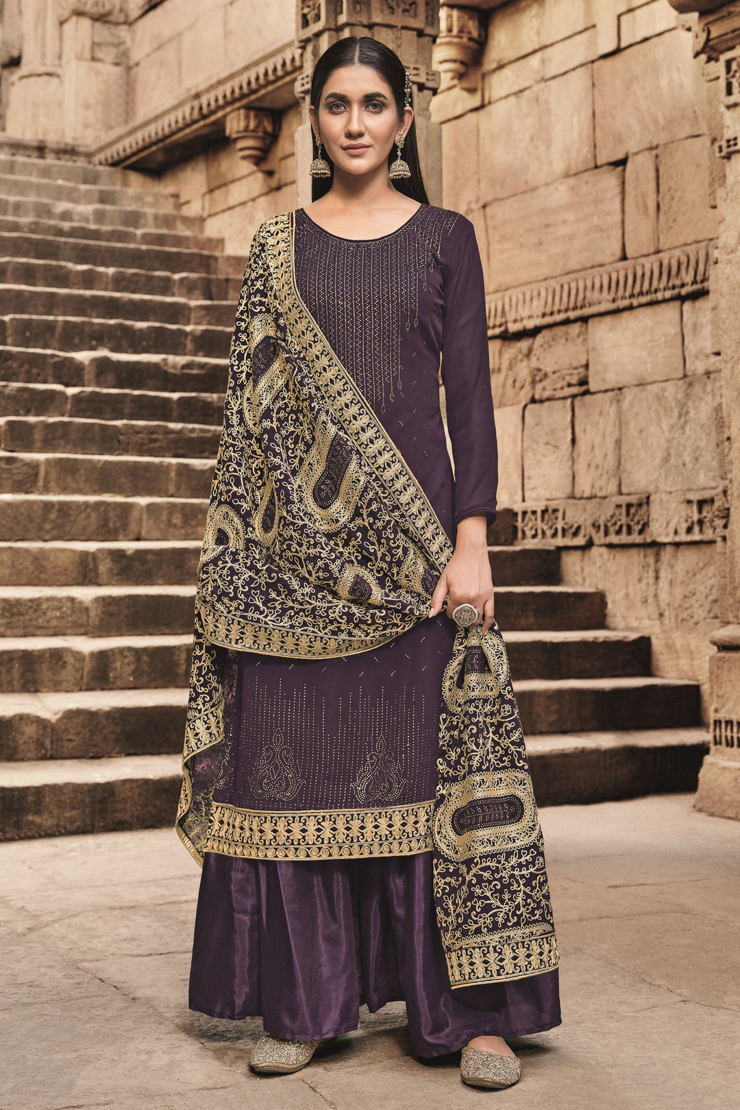 Georgette Purple Color Fancy Work Elegant Festive Style Palazzo Suit | Buy Online India