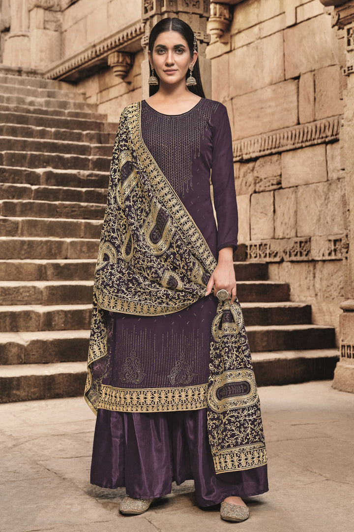 Georgette Purple Color Fancy Work Elegant Festive Style Palazzo Suit | Buy Online India