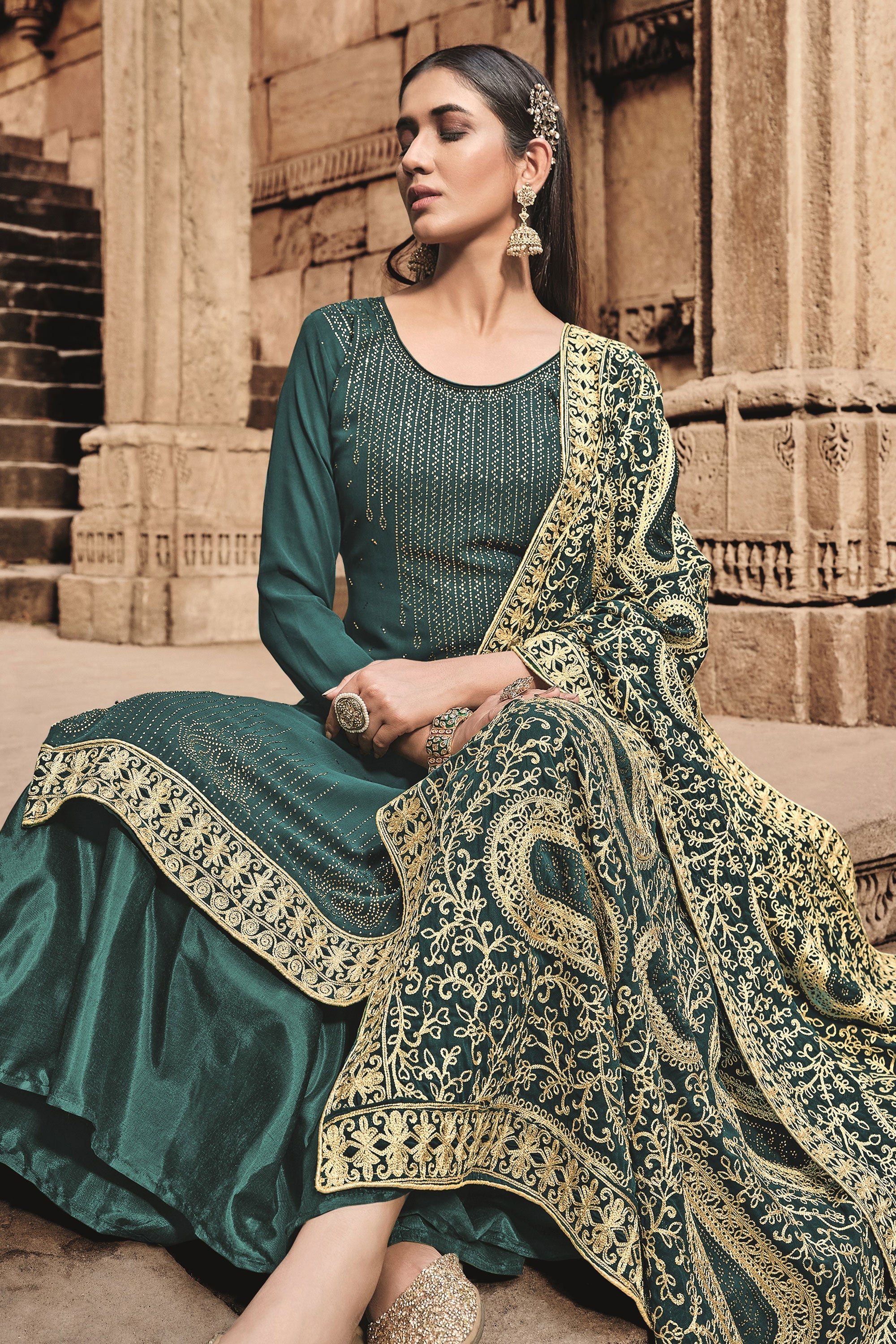 Festive Wear Teal Color Georgette Fancy Work Classic Palazzo Suit