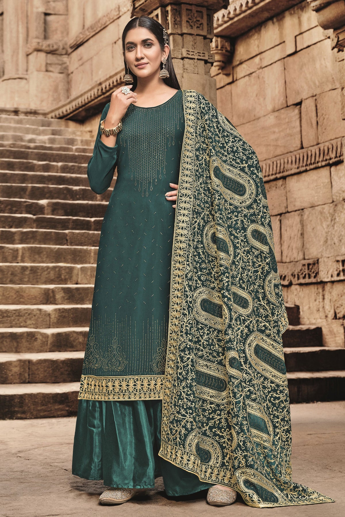 Festive Wear Teal Color Georgette Fancy Work Classic Palazzo Suit