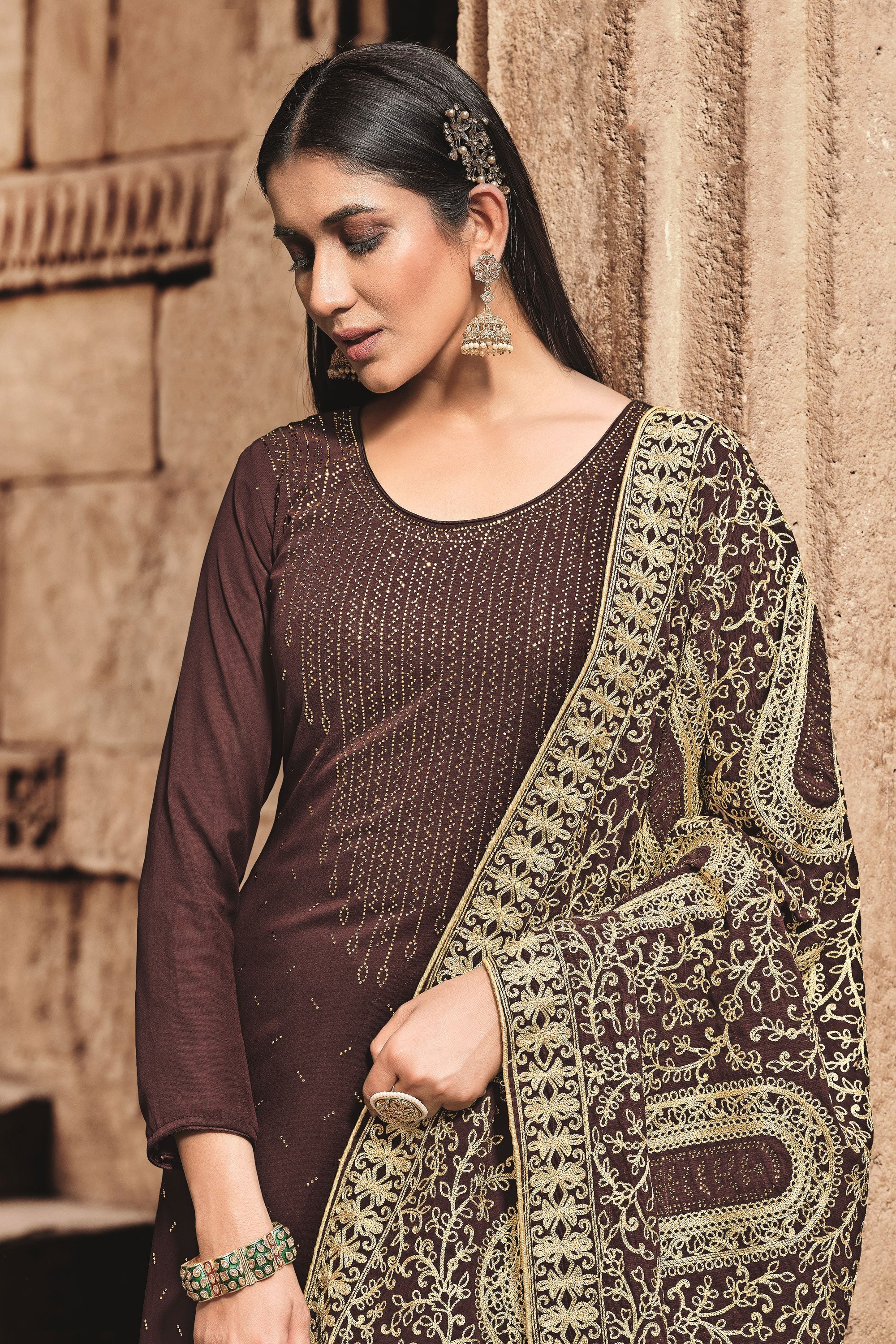 Festive Wear Georgette Fancy Work Lovely Palazzo Suit In Brown Color