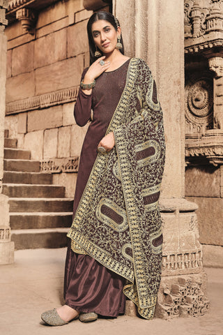 Festive Wear Georgette Fancy Work Lovely Palazzo Suit In Brown Color