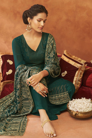 Incredible Georgette Dark Green Color Function Wear Fancy Work Palazzo Suit