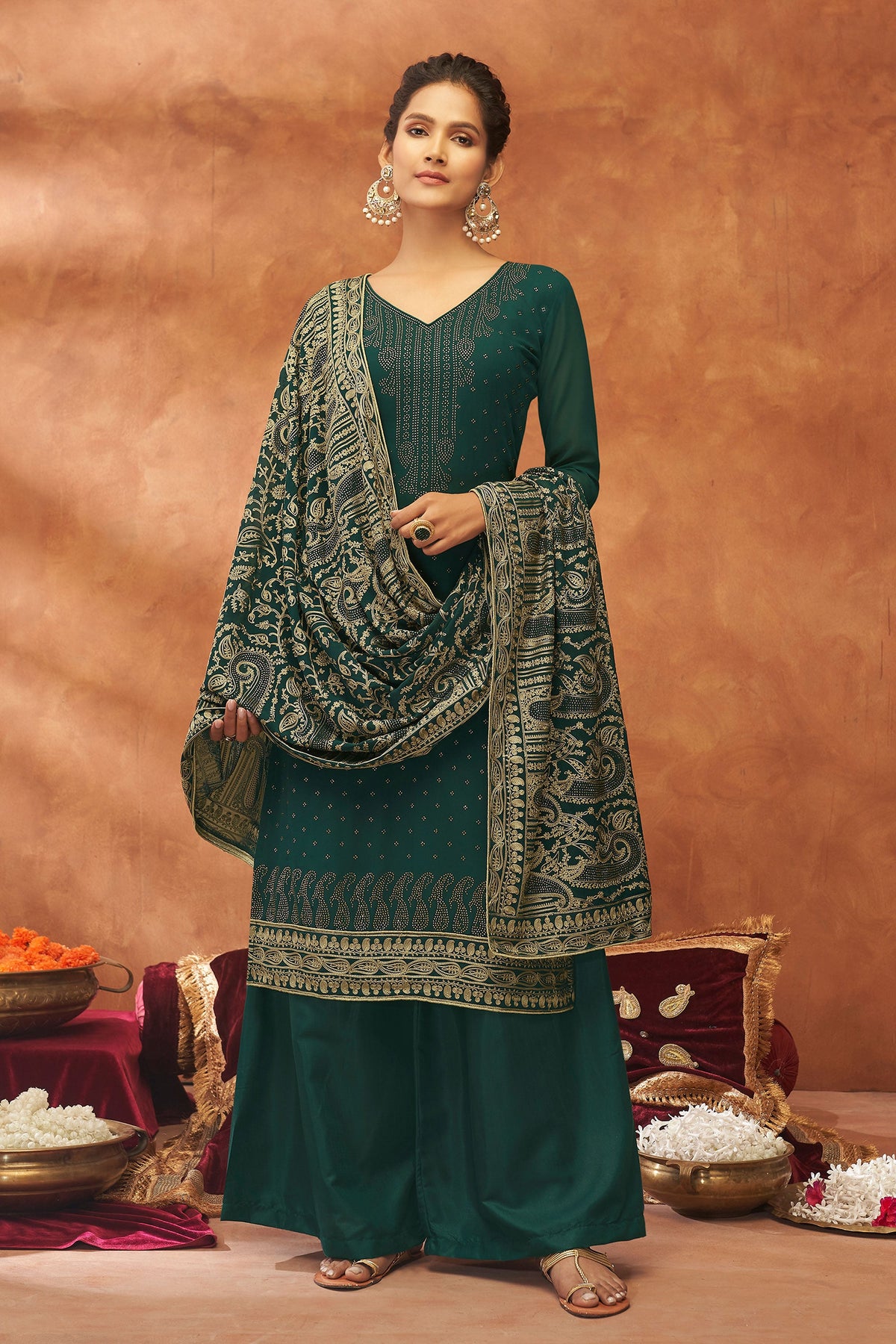 Incredible Georgette Dark Green Color Function Wear Fancy Work Palazzo Suit