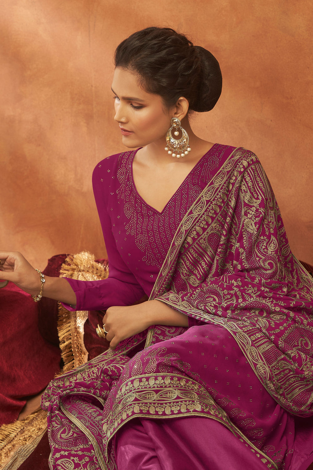 Tempting Georgette Magenta Color Function Wear Fancy Work Palazzo Suit | Buy Online India