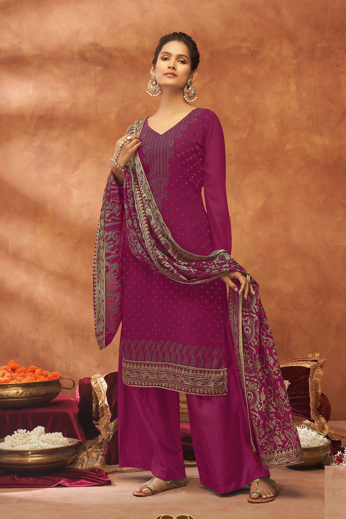 Tempting Georgette Magenta Color Function Wear Fancy Work Palazzo Suit