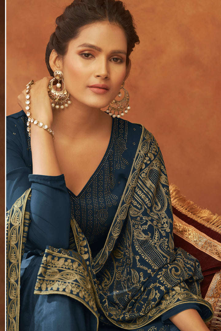 Engaging Teal Color Georgette Function Wear Fancy Work Palazzo Suit | Buy Online India