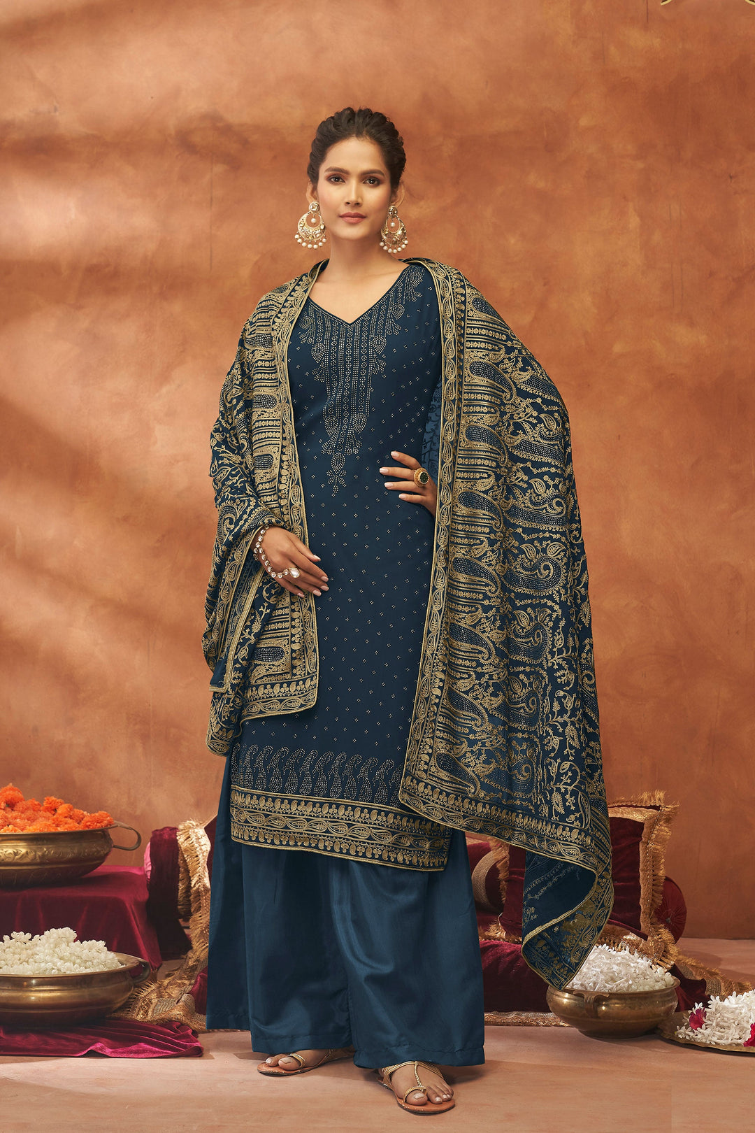 Engaging Teal Color Georgette Function Wear Fancy Work Palazzo Suit | Buy Online India