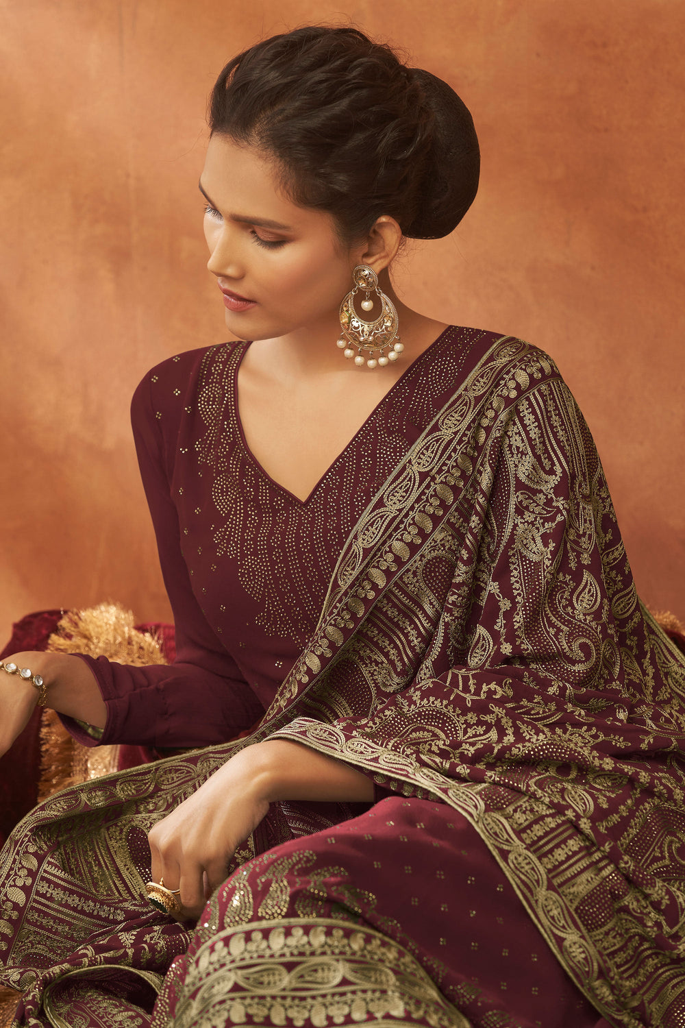 Classic Brown Color Function Wear Fancy Work Palazzo Suit In Georgette | Buy Online India