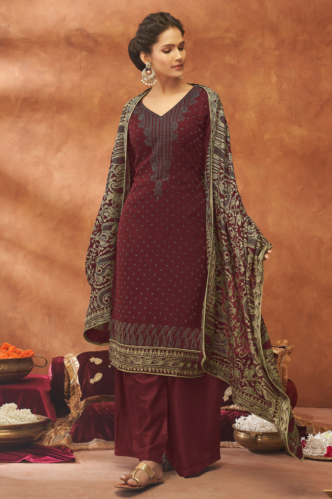 Classic Brown Color Function Wear Fancy Work Palazzo Suit In Georgette | Buy Online India