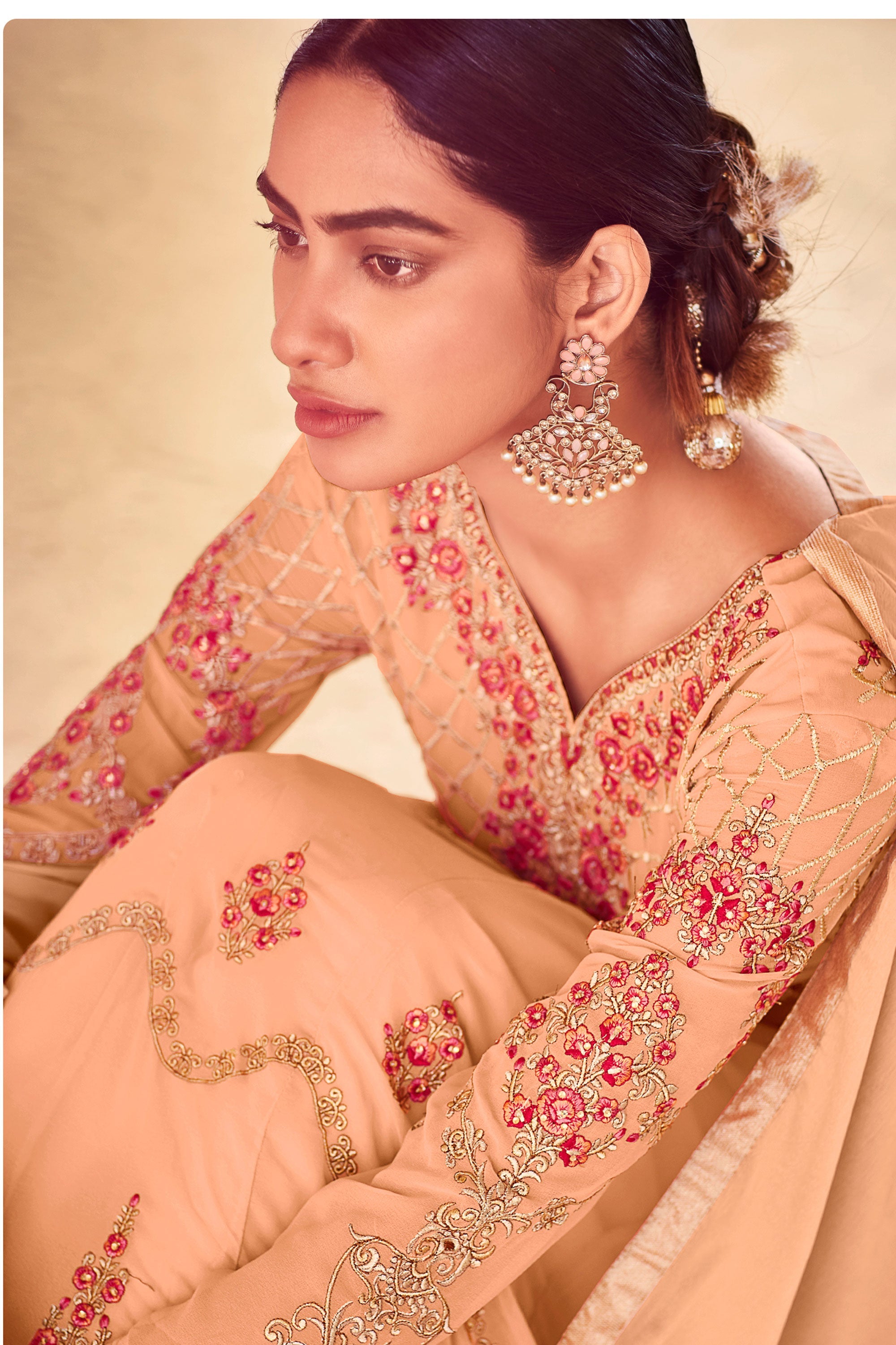 Function Special Peach Color Georgette Anarkali Suit with Embroidered Work