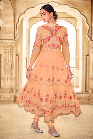 Function Special Peach Color Georgette Anarkali Suit with Embroidered Work