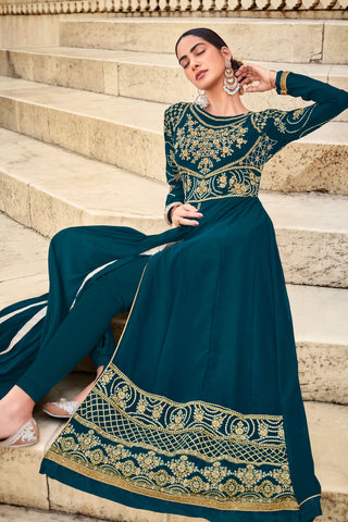 Gorgeous Embroidered Anarkali Suit For Function In Teal Color