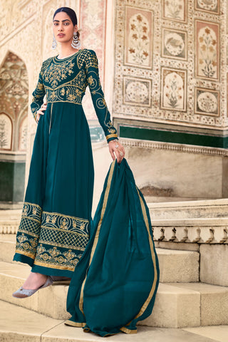 Gorgeous Embroidered Anarkali Suit For Function In Teal Color