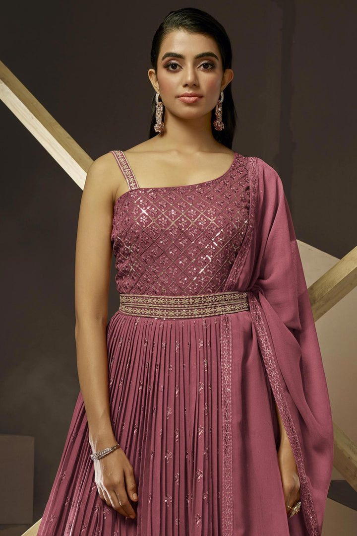 Pink Color Embroidered Readymade Party Style Gown With Dupatta